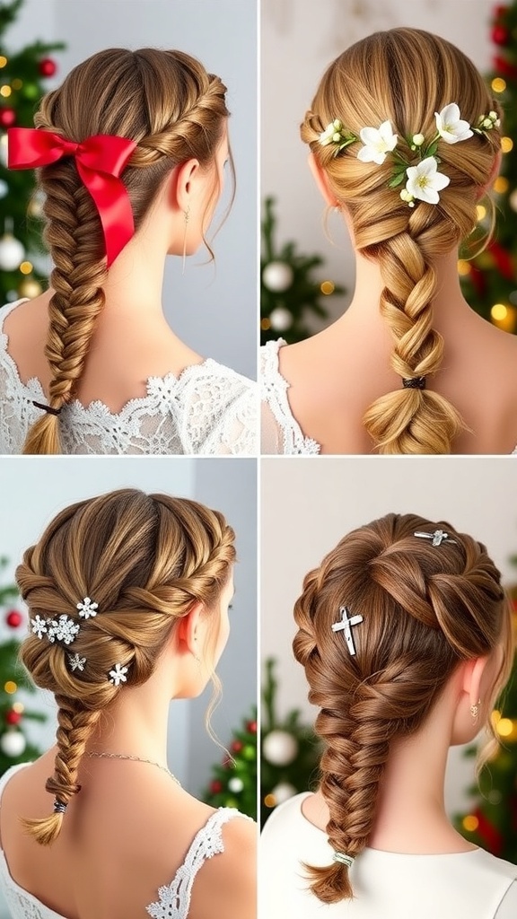 Elegant Christmas hairstyles with braids, featuring a French braid, crown braid, and fishtail braid, decorated for the holidays.